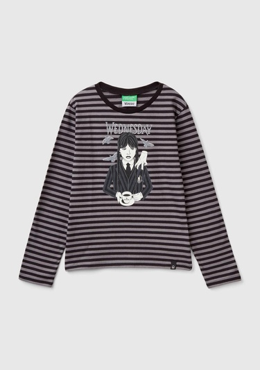  Kız Çocuk Siyah Etek Ucu Logo Etiketli Önü Fotoğraf Baskılı Çizgili T-Shirt