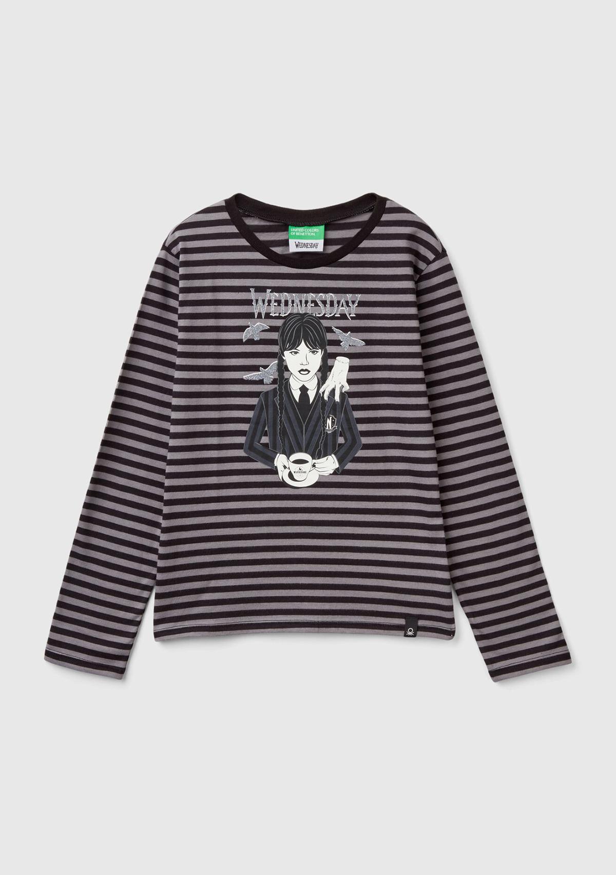  Kız Çocuk Siyah Etek Ucu Logo Etiketli Önü Fotoğraf Baskılı Çizgili T-Shirt