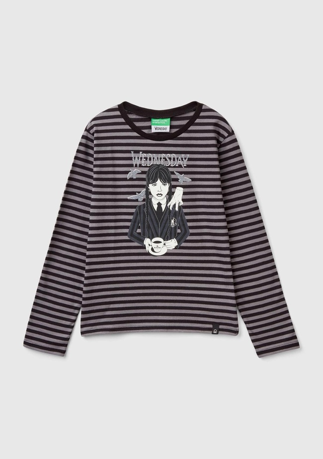  Kız Çocuk Siyah Etek Ucu Logo Etiketli Önü Fotoğraf Baskılı Çizgili T-Shirt