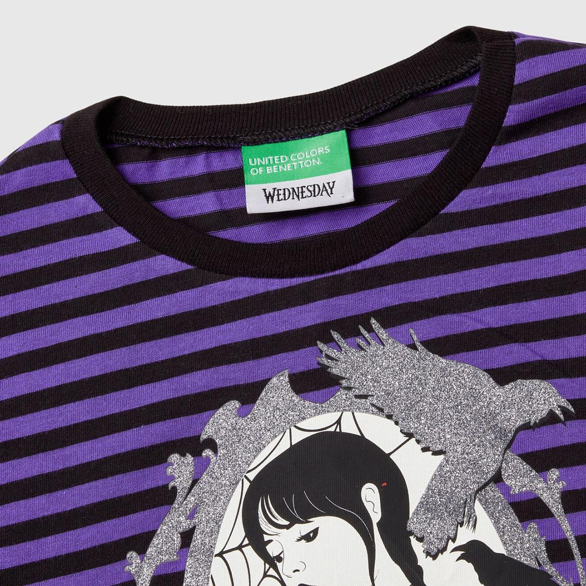 Kız Çocuk Mor Etek Ucu Logo Etiketli Önü Fotoğraf Baskılı Çizgili T-Shirt