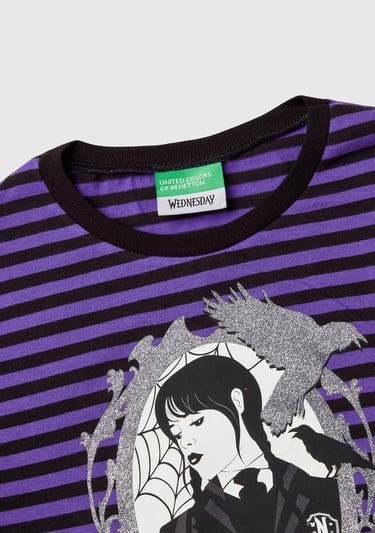  Kız Çocuk Mor Etek Ucu Logo Etiketli Önü Fotoğraf Baskılı Çizgili T-Shirt