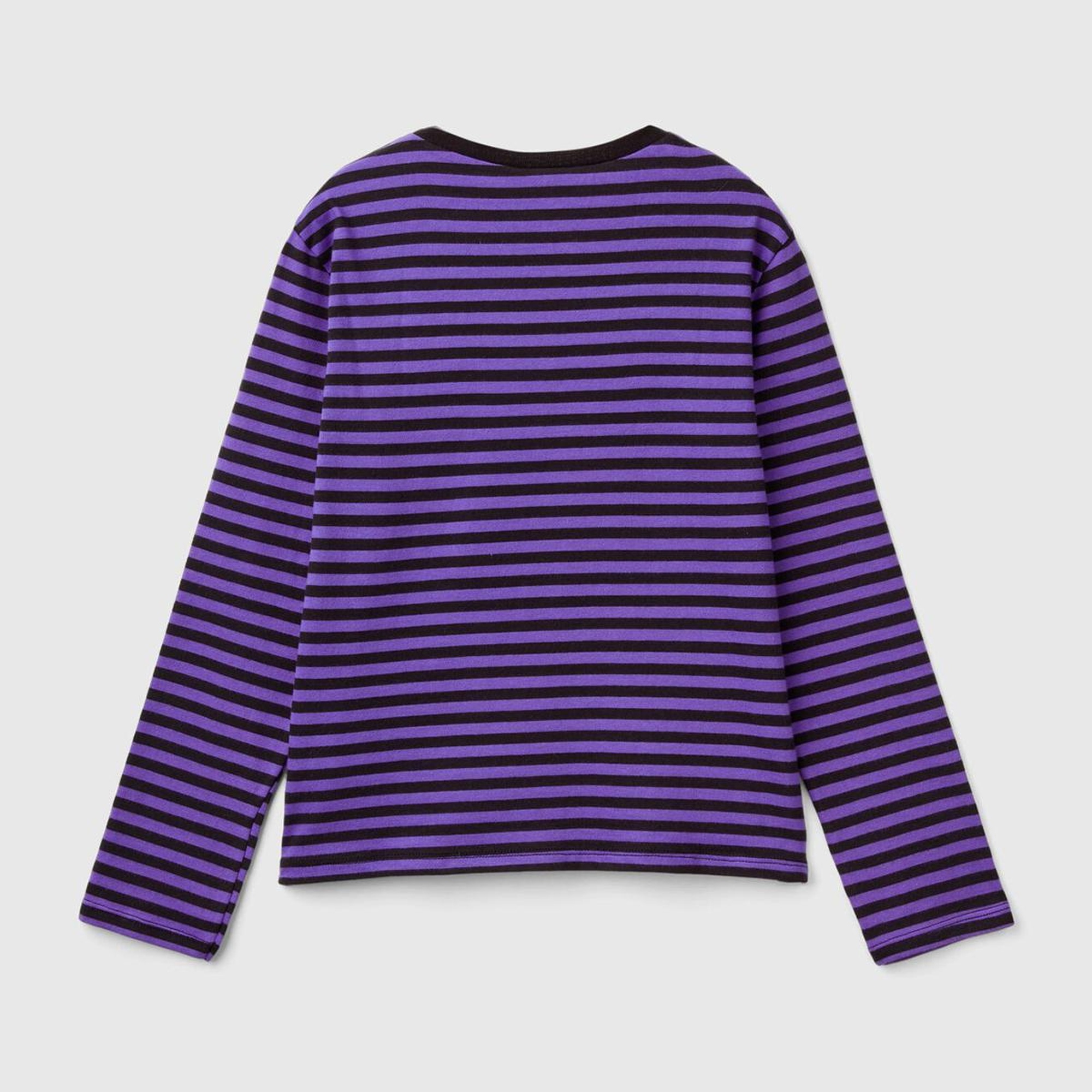 Kız Çocuk Mor Etek Ucu Logo Etiketli Önü Fotoğraf Baskılı Çizgili T-Shirt