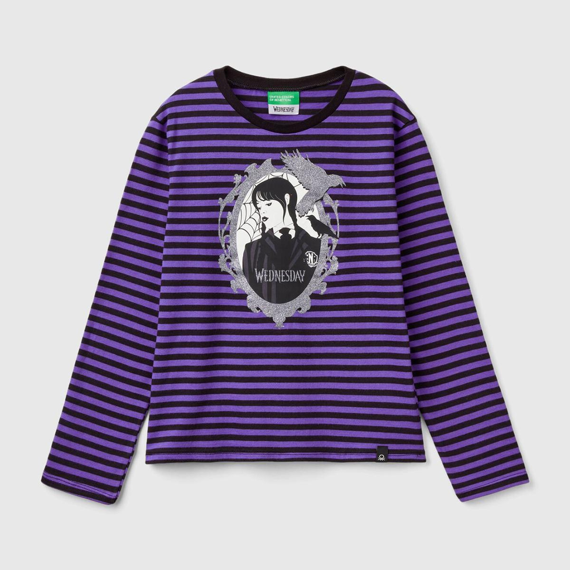 Kız Çocuk Mor Etek Ucu Logo Etiketli Önü Fotoğraf Baskılı Çizgili T-Shirt