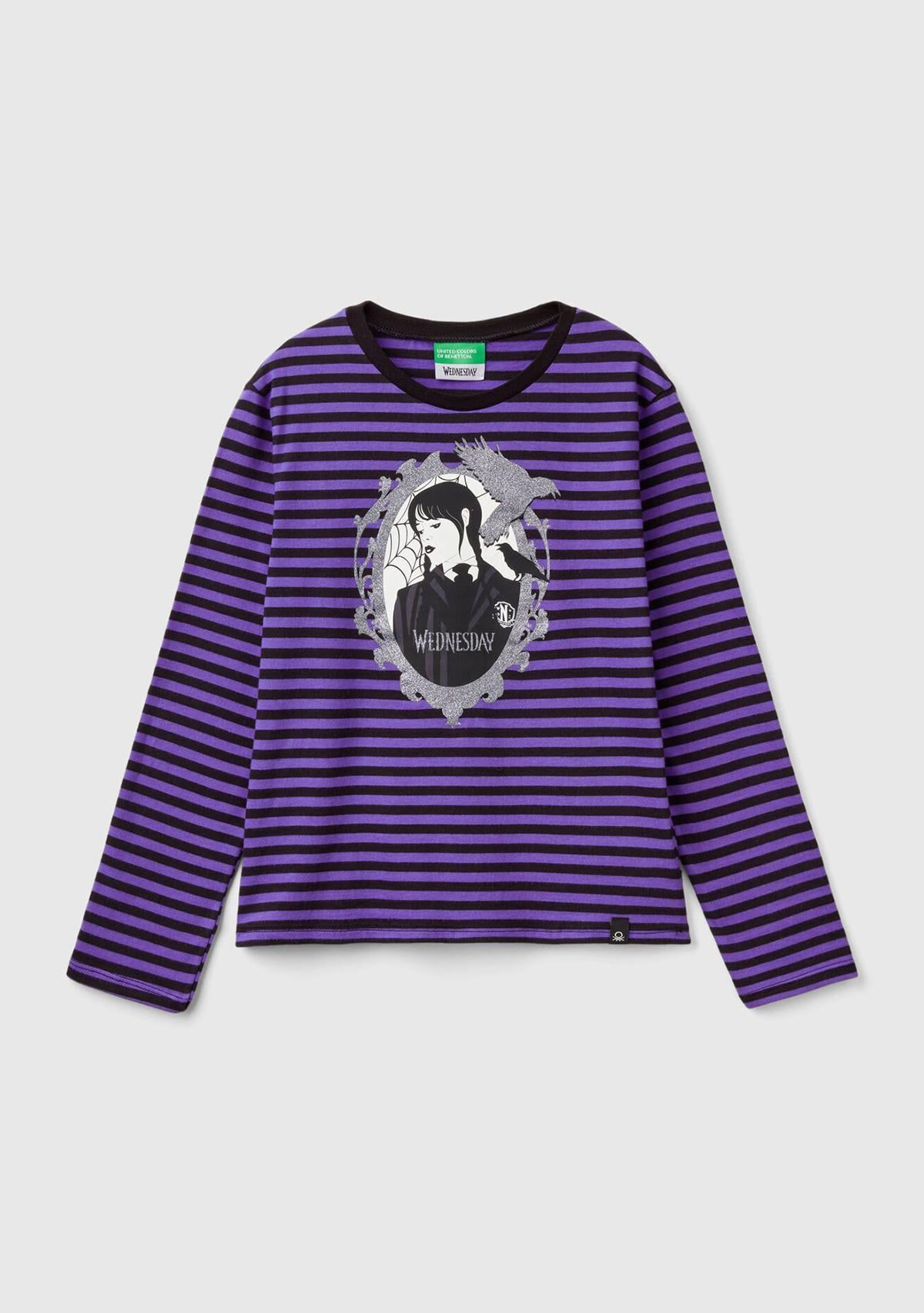  Kız Çocuk Mor Etek Ucu Logo Etiketli Önü Fotoğraf Baskılı Çizgili T-Shirt