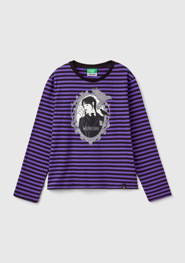  Kız Çocuk Mor Etek Ucu Logo Etiketli Önü Fotoğraf Baskılı Çizgili T-Shirt