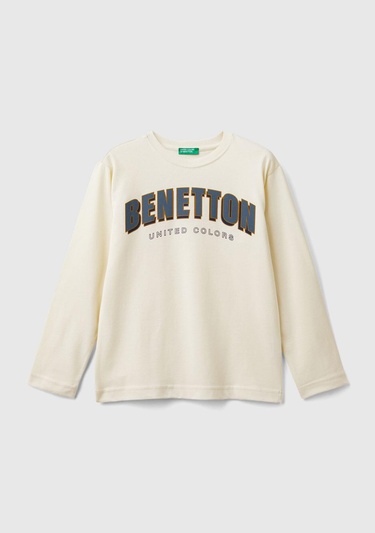  Erkek Çocuk Ekru Önü Çok Renkli Logo Baskılı Uzun Kollu T-Shirt