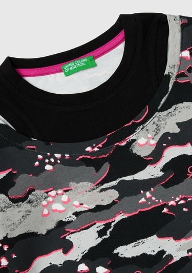  Kız Çocuk Kamuflaj Tamamı Desenli Dar Kesim Askı Detaylı Uzun Kollu T-Shirt