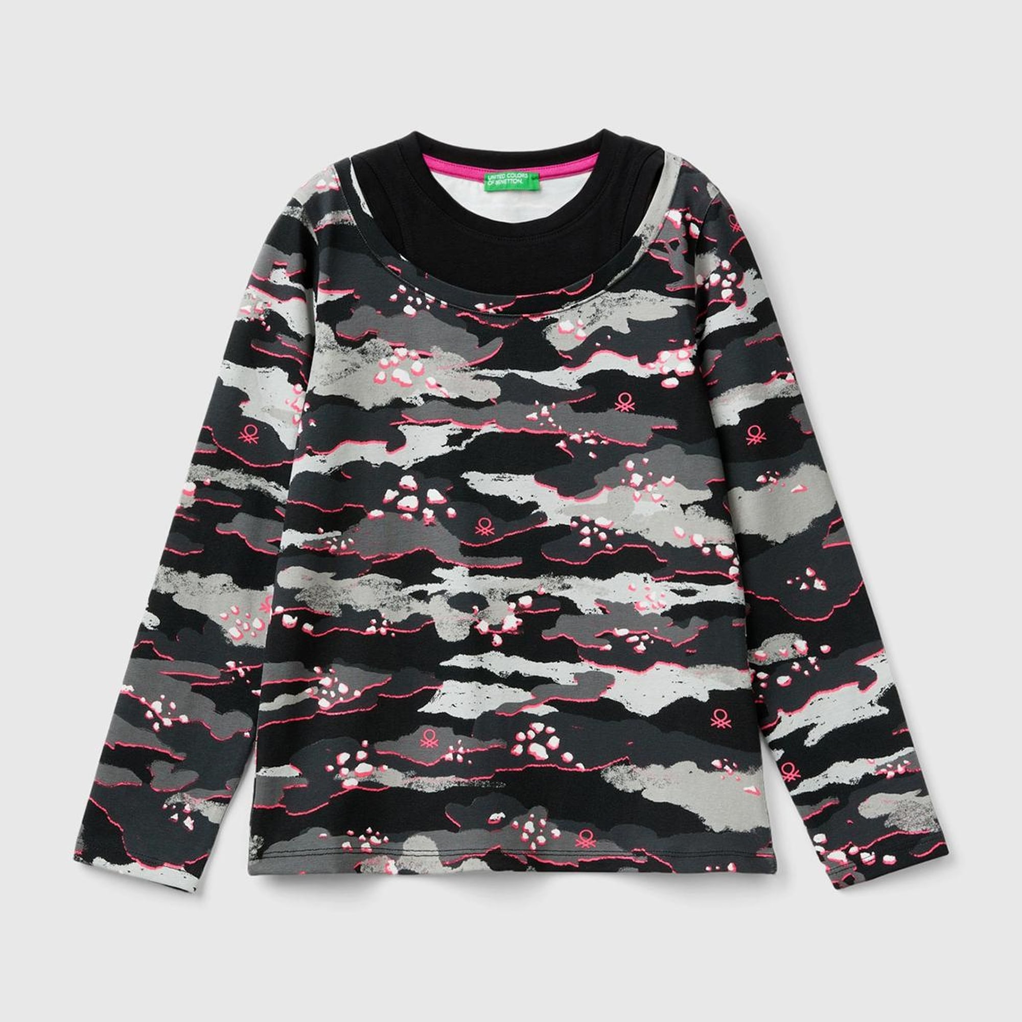 Kız Çocuk Kamuflaj Tamamı Desenli Dar Kesim Askı Detaylı Uzun Kollu T-Shirt