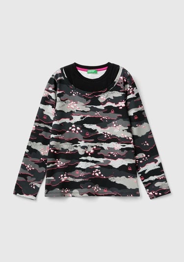  Kız Çocuk Kamuflaj Tamamı Desenli Dar Kesim Askı Detaylı Uzun Kollu T-Shirt