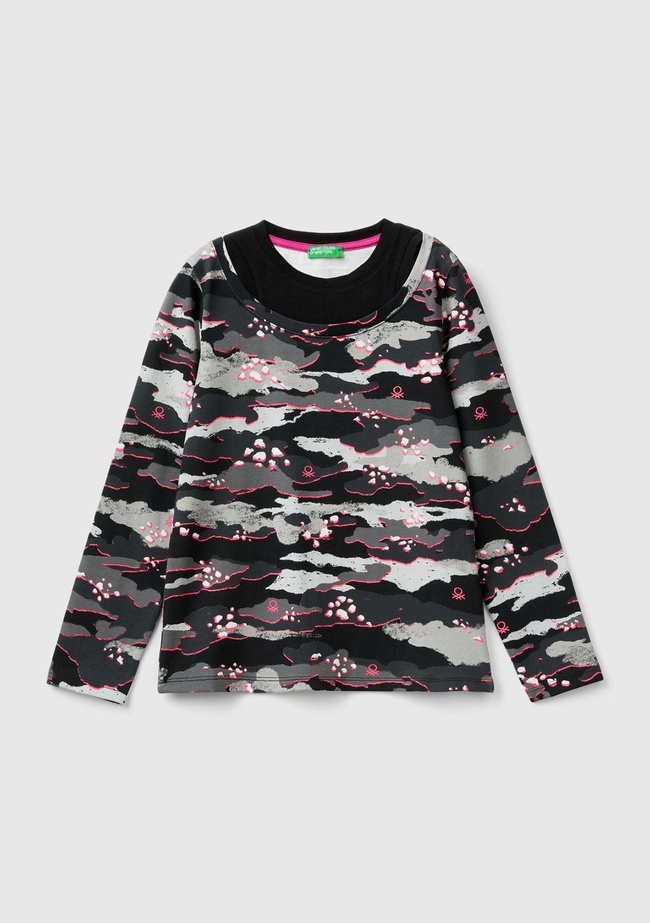  Kız Çocuk Kamuflaj Tamamı Desenli Dar Kesim Askı Detaylı Uzun Kollu T-Shirt