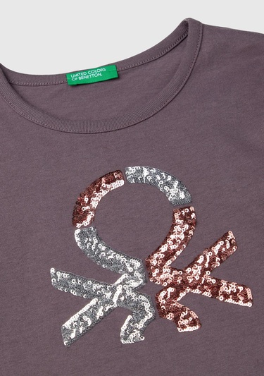  Kız Çocuk Antrasit Önü Pullu Logo İşlemeli Bisiklet Yaka Uzun Kollu T-Shirt