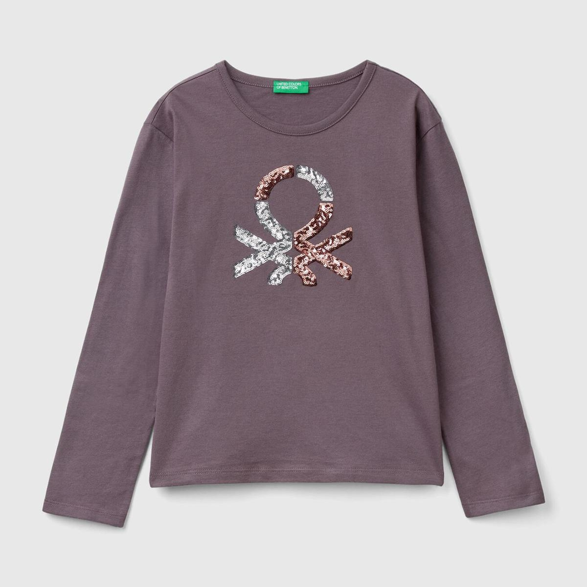 Kız Çocuk Antrasit Önü Pullu Logo İşlemeli Bisiklet Yaka Uzun Kollu T-Shirt