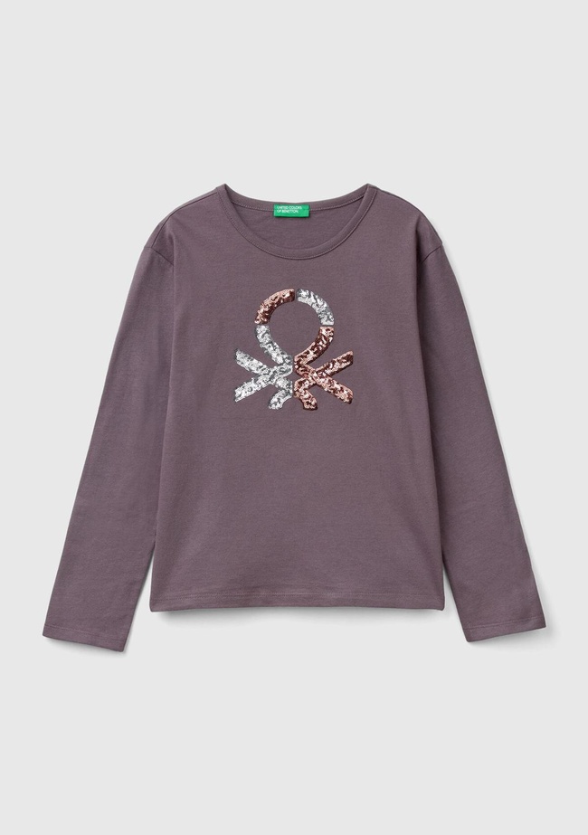  Kız Çocuk Antrasit Önü Pullu Logo İşlemeli Bisiklet Yaka Uzun Kollu T-Shirt