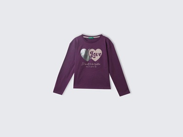  Kız Çocuk Mor Arkası Logo Detaylı Önü Baskılı Geniş Kalıp T-Shirt