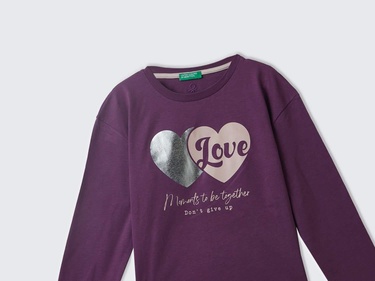  Kız Çocuk Mor Arkası Logo Detaylı Önü Baskılı Geniş Kalıp T-Shirt