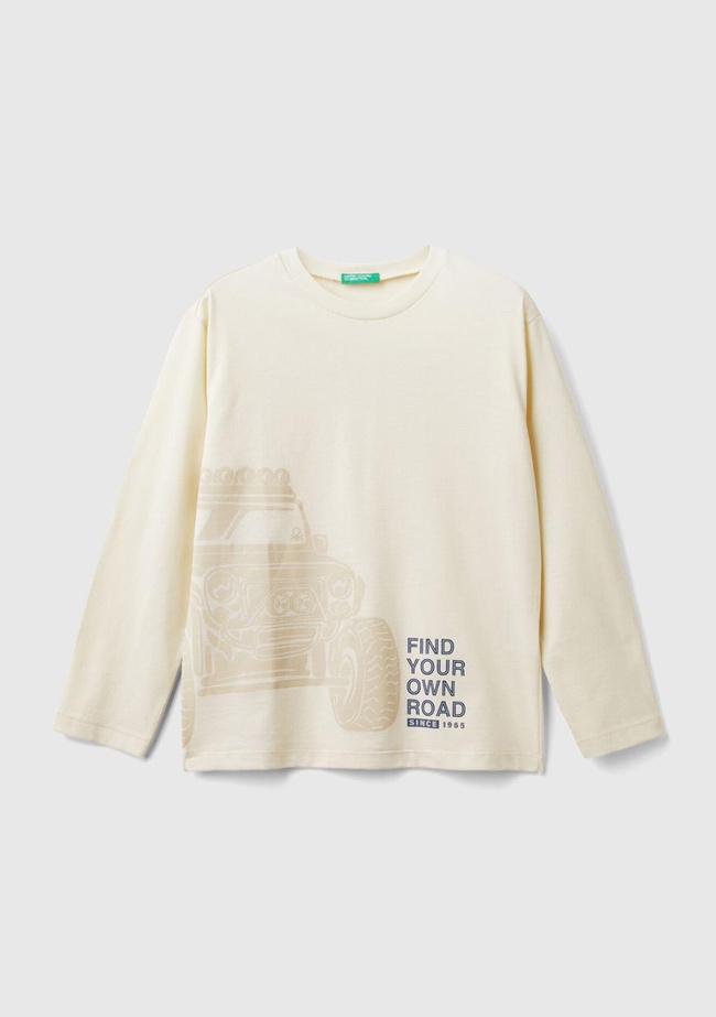  Erkek Çocuk Ekru Önü ve Arkası Baskılı Uzun Kollu T-Shirt