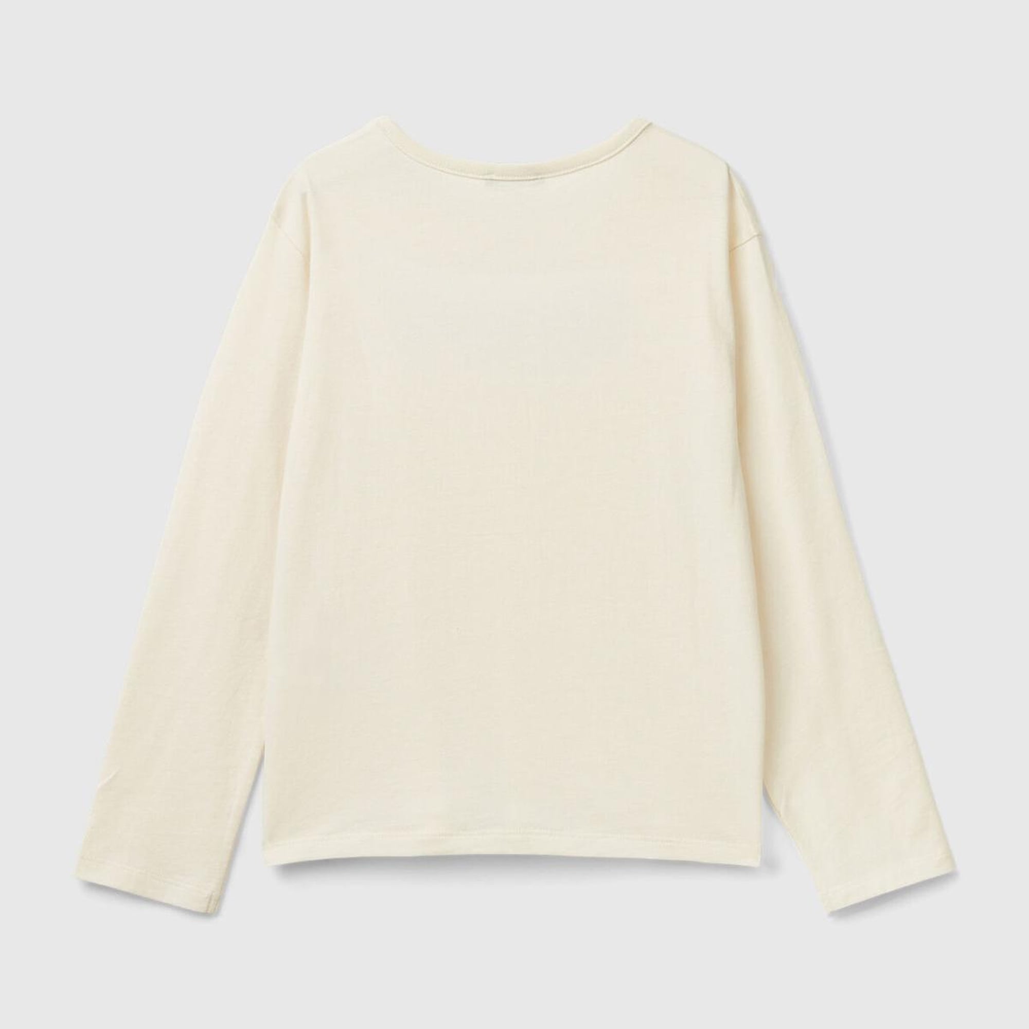 Kız Çocuk Ekru Önü Pullu Logo İşlemeli Bisiklet Yaka Uzun Kollu T-Shirt