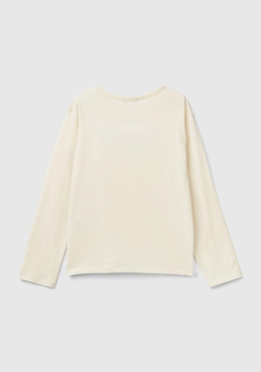  Kız Çocuk Ekru Önü Pullu Logo İşlemeli Bisiklet Yaka Uzun Kollu T-Shirt