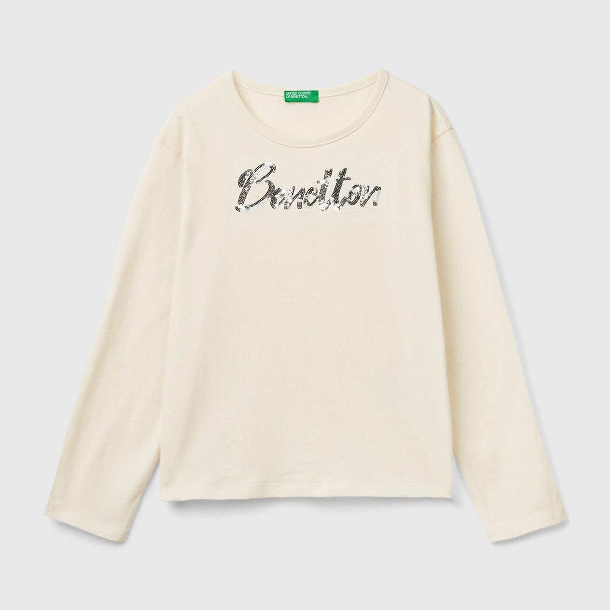 Kız Çocuk Ekru Önü Pullu Logo İşlemeli Bisiklet Yaka Uzun Kollu T-Shirt