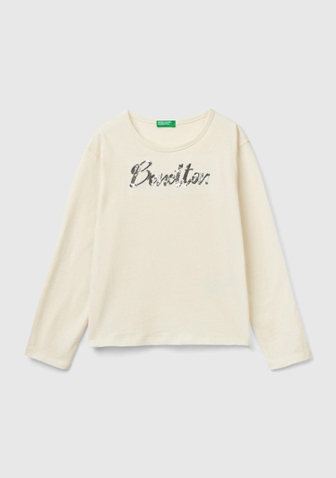  Kız Çocuk Ekru Önü Pullu Logo İşlemeli Bisiklet Yaka Uzun Kollu T-Shirt