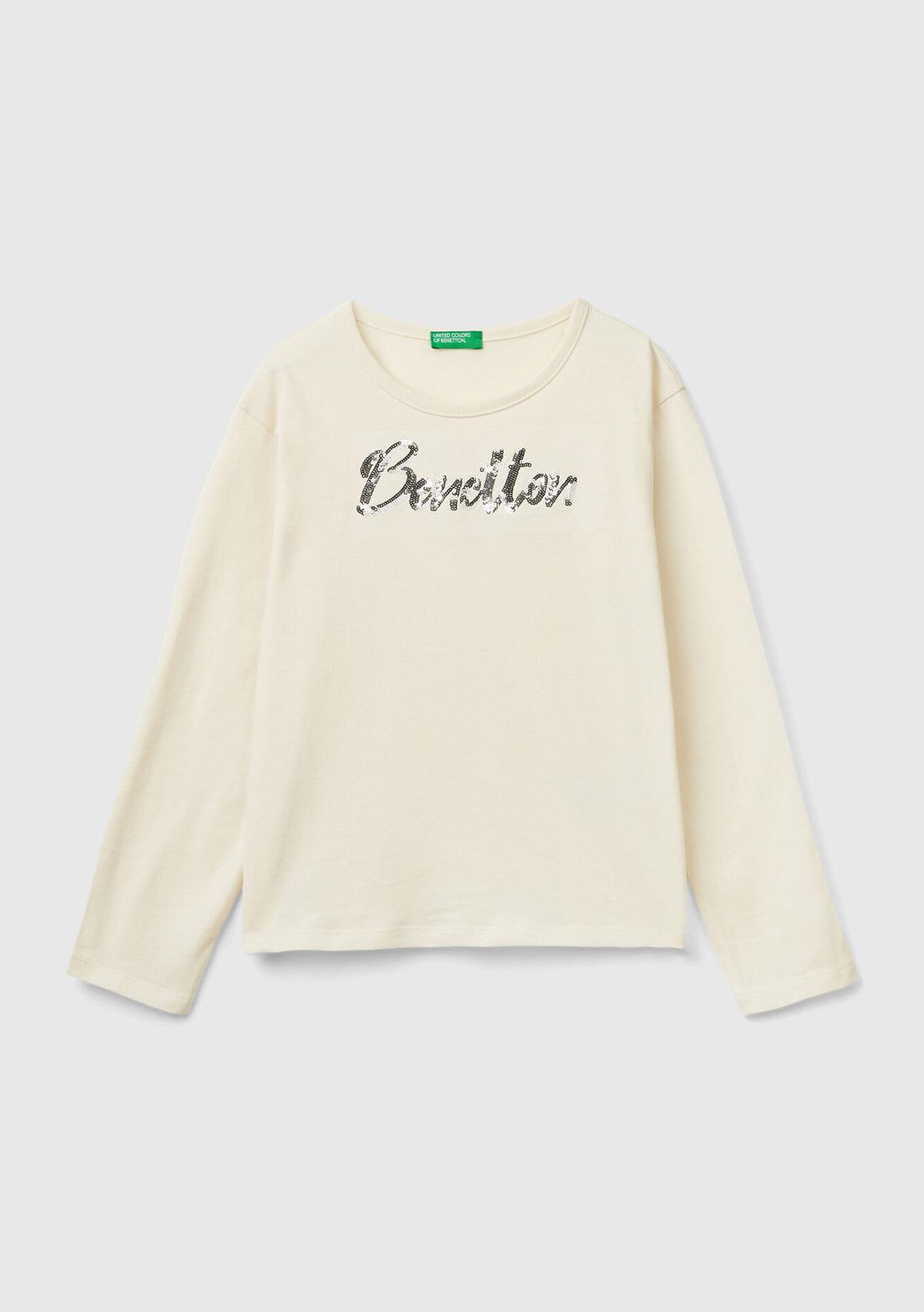  Kız Çocuk Ekru Önü Pullu Logo İşlemeli Bisiklet Yaka Uzun Kollu T-Shirt