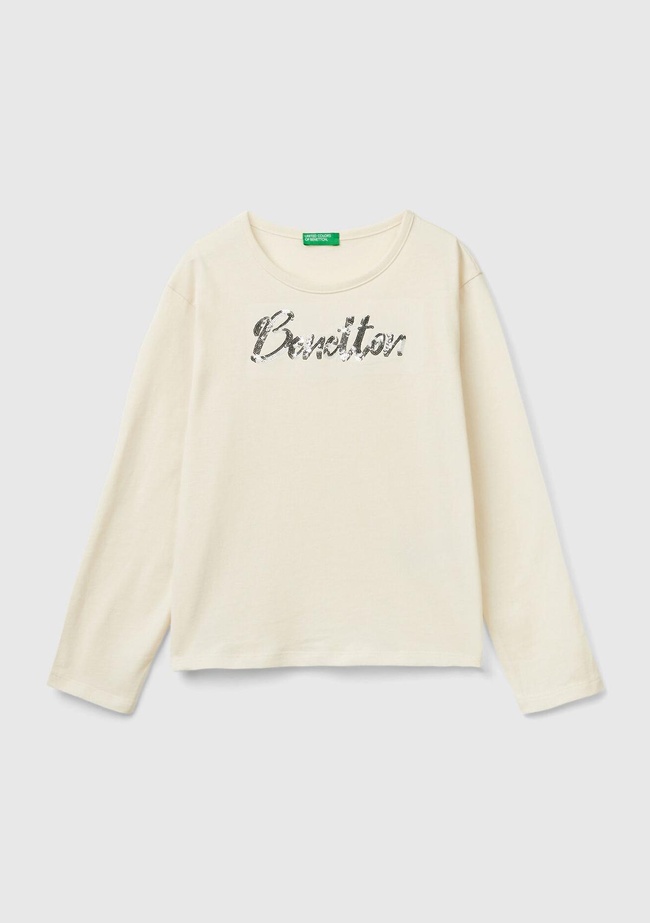  Kız Çocuk Ekru Önü Pullu Logo İşlemeli Bisiklet Yaka Uzun Kollu T-Shirt