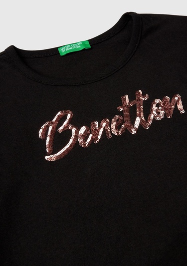  Kız Çocuk Siyah Önü Pullu Logo İşlemeli Bisiklet Yaka Uzun Kollu T-Shirt