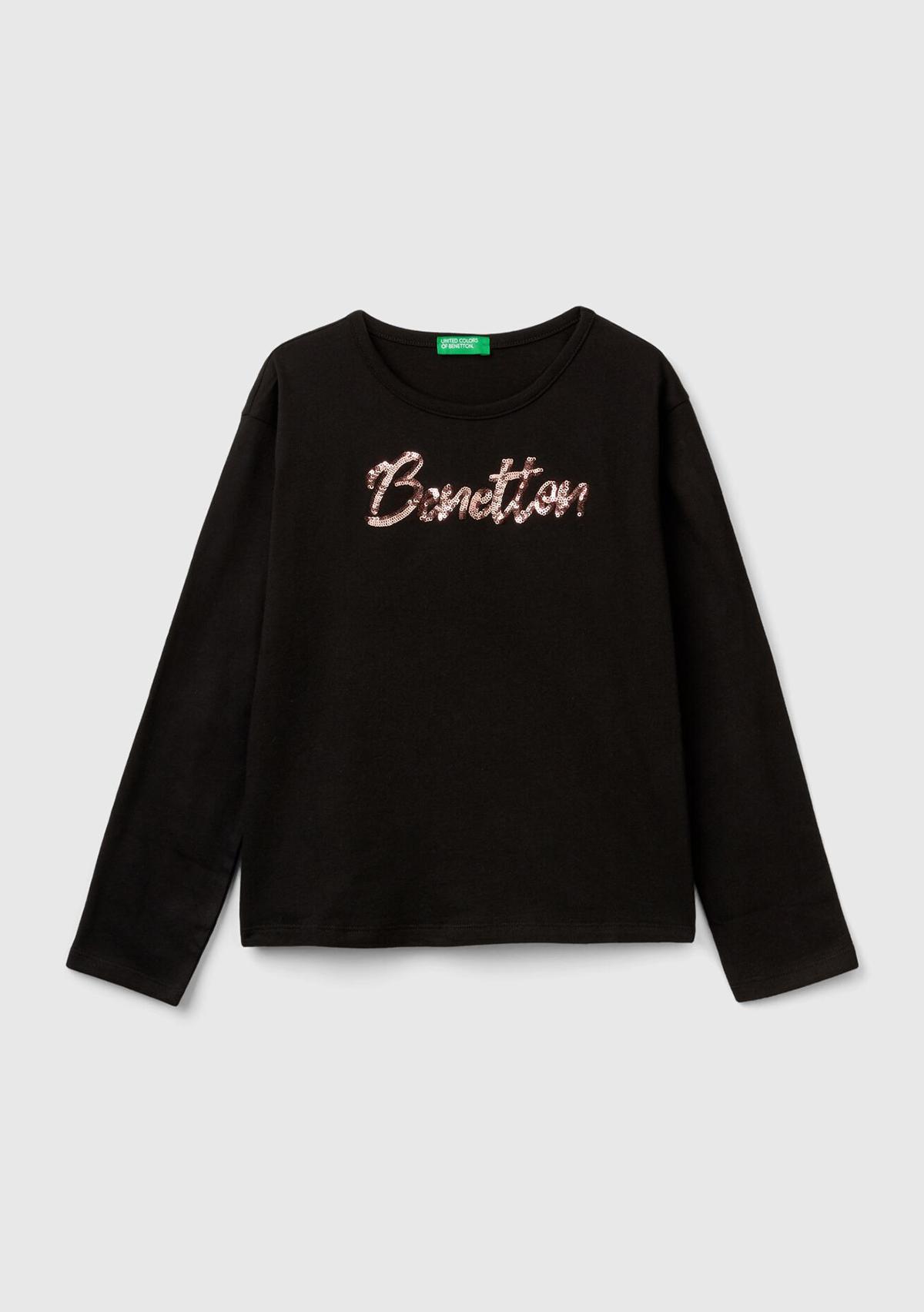  Kız Çocuk Siyah Önü Pullu Logo İşlemeli Bisiklet Yaka Uzun Kollu T-Shirt