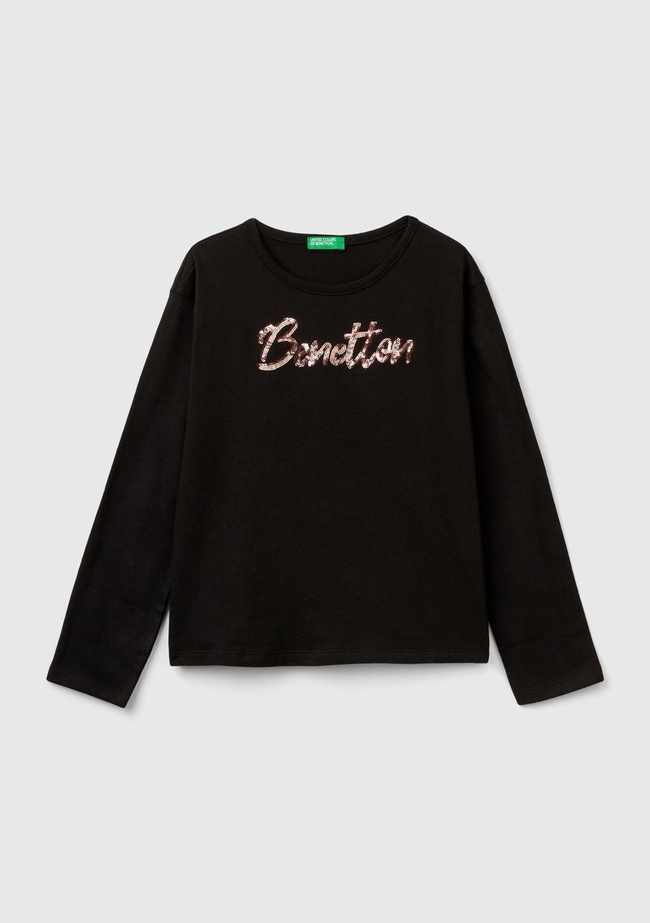  Kız Çocuk Siyah Önü Pullu Logo İşlemeli Bisiklet Yaka Uzun Kollu T-Shirt