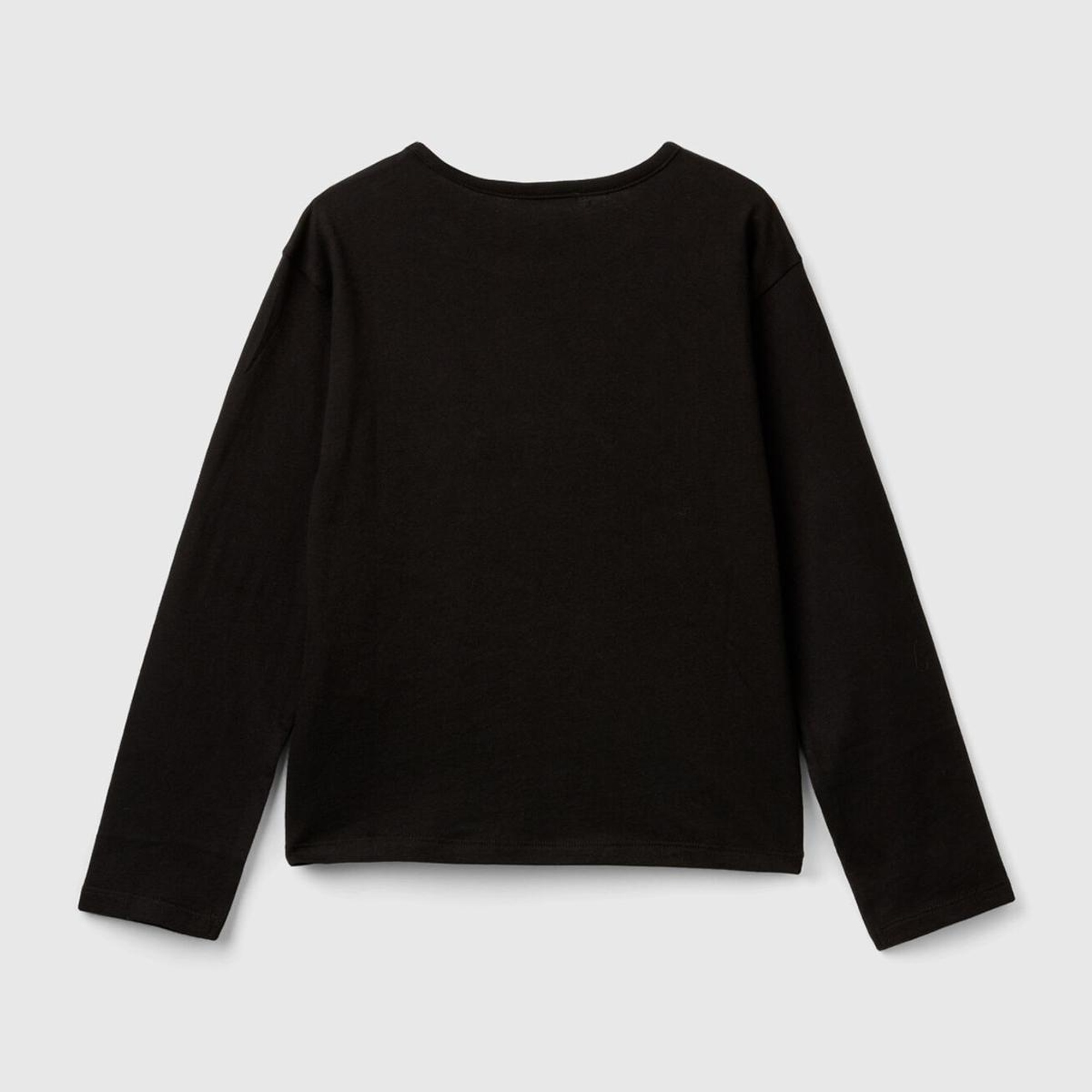 Kız Çocuk Siyah Önü Pullu Logo İşlemeli Bisiklet Yaka Uzun Kollu T-Shirt