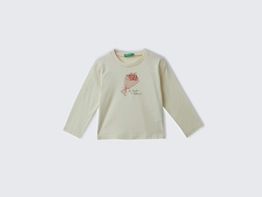  Kız Çocuk Ekru Su Bazlı Parlak Baskılı Normal Kesim Uzun Kollu T-Shirt