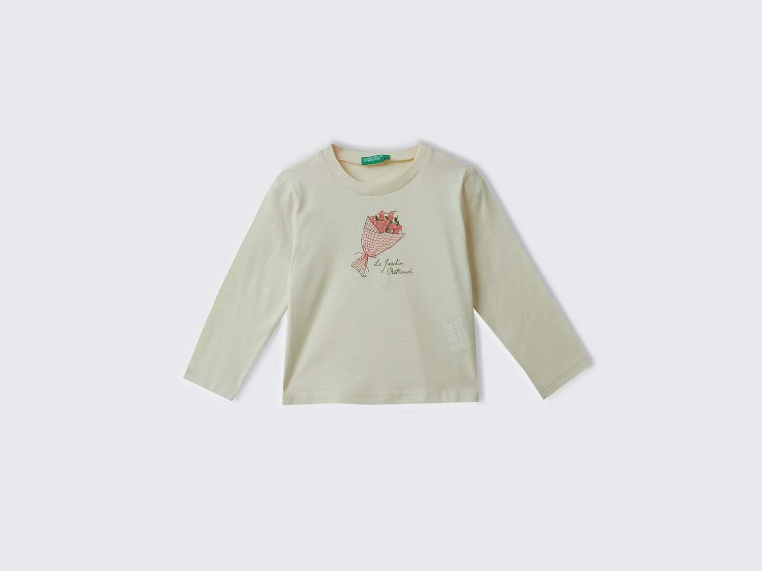  Kız Çocuk Ekru Su Bazlı Parlak Baskılı Normal Kesim Uzun Kollu T-Shirt