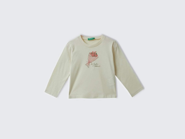  Kız Çocuk Ekru Su Bazlı Parlak Baskılı Normal Kesim Uzun Kollu T-Shirt