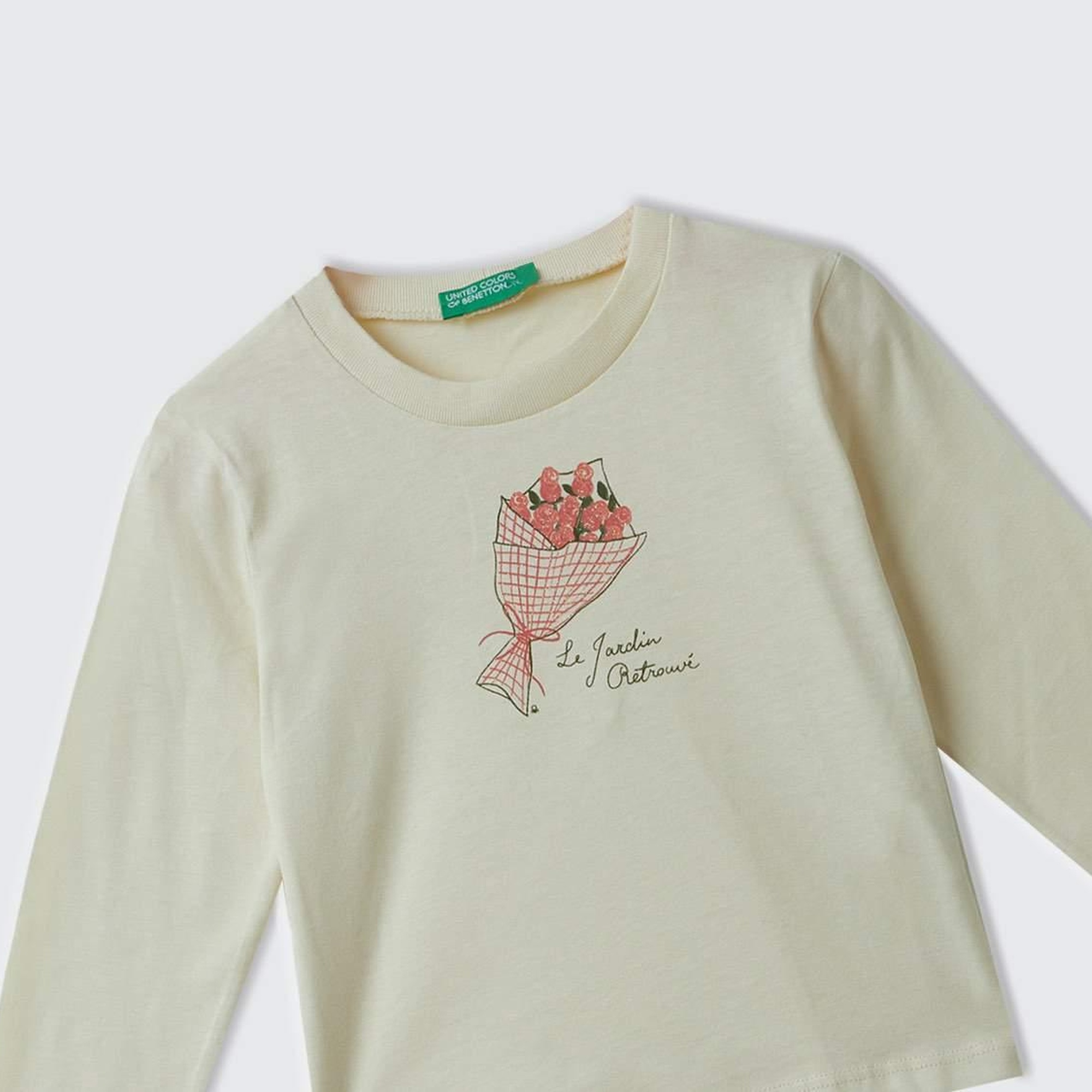 Kız Çocuk Ekru Su Bazlı Parlak Baskılı Normal Kesim Uzun Kollu T-Shirt