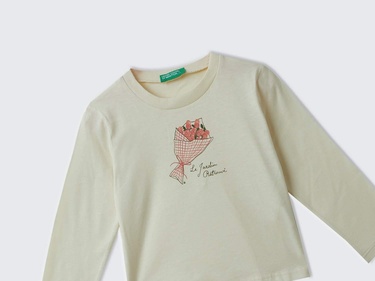  Kız Çocuk Ekru Su Bazlı Parlak Baskılı Normal Kesim Uzun Kollu T-Shirt