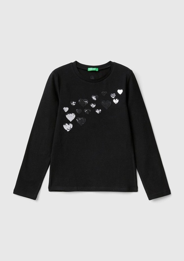  Kız Çocuk Siyah Önü Pullu Grafik Detaylı Dar Kesim Uzun Kollu T-Shirt