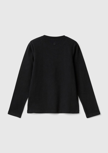  Kız Çocuk Siyah Önü Pullu Grafik Detaylı Dar Kesim Uzun Kollu T-Shirt