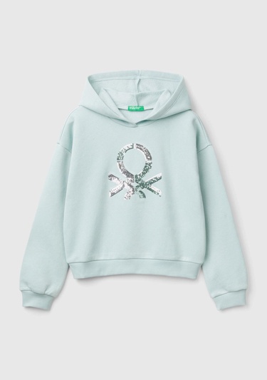  Kız Çocuk Su Yeşili Pamuk Karışımlı Payet Logolu Kapşonlu Sweatshirt