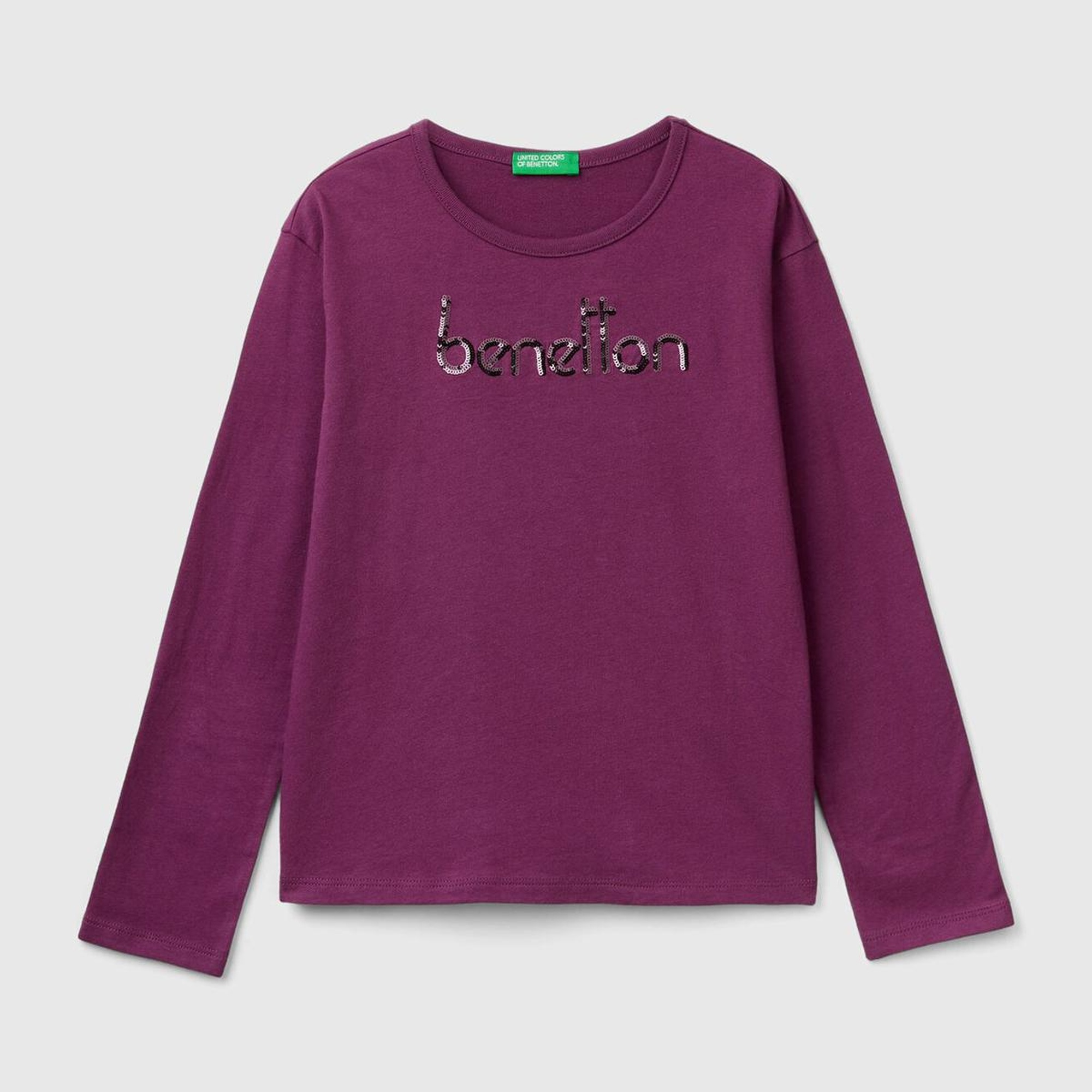 Kız Çocuk Mor Önü Pullu Logo İşlemeli Bisiklet Yaka Uzun Kollu T-Shirt