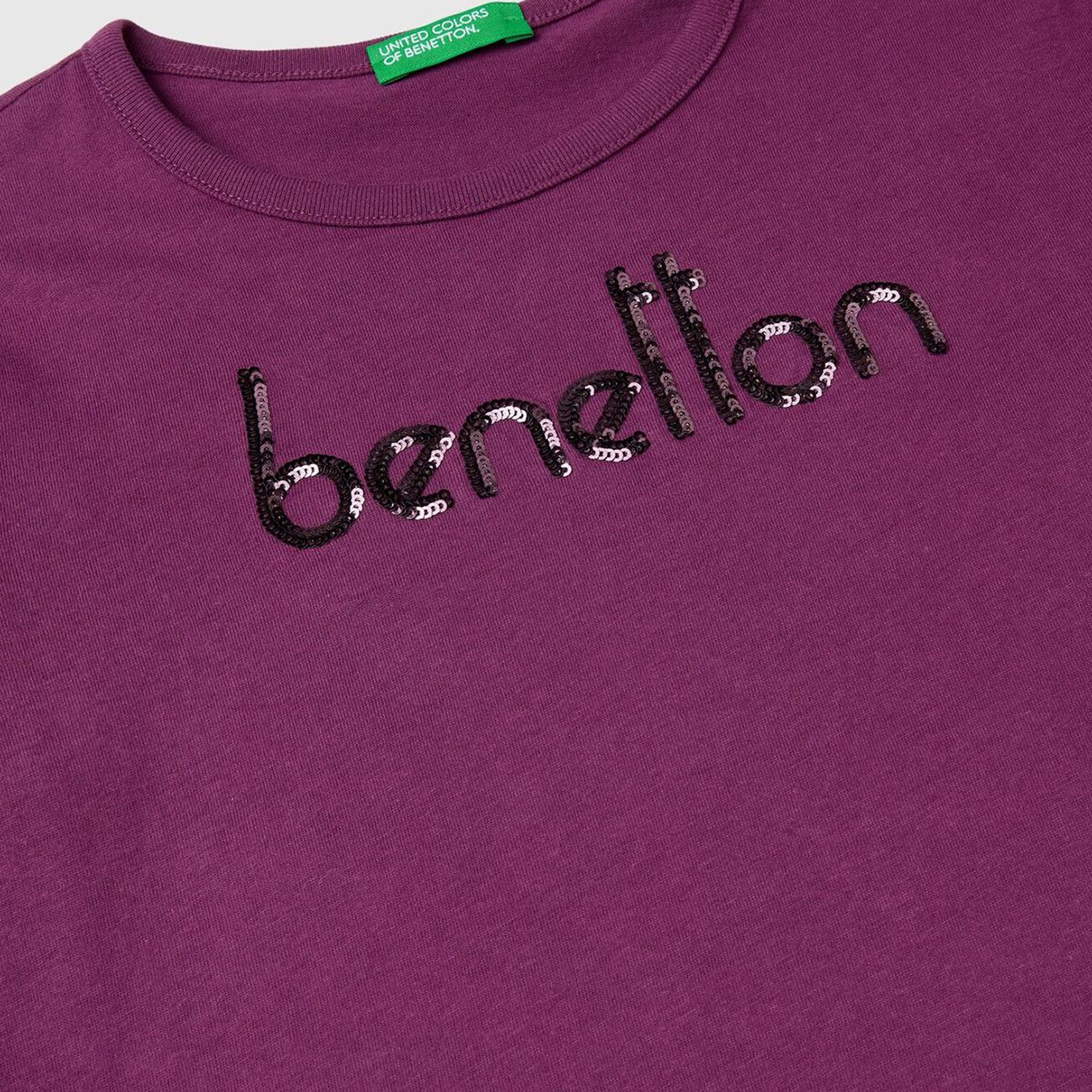 Kız Çocuk Mor Önü Pullu Logo İşlemeli Bisiklet Yaka Uzun Kollu T-Shirt