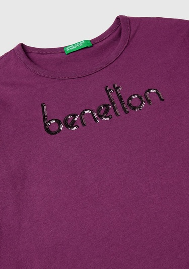  Kız Çocuk Mor Önü Pullu Logo İşlemeli Bisiklet Yaka Uzun Kollu T-Shirt