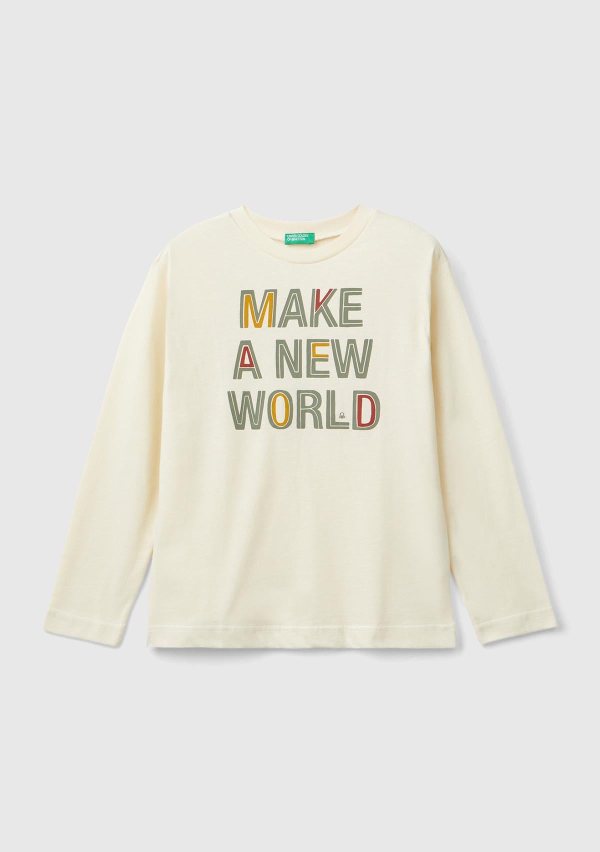  Erkek Çocuk Krem Önü Baskılı Uzun Kollu T-Shirt