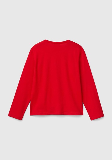  Kız Çocuk Kırmızı Etek Ucu Logo Etiketli Önü Baskılı Uzun Kollu T-Shirt