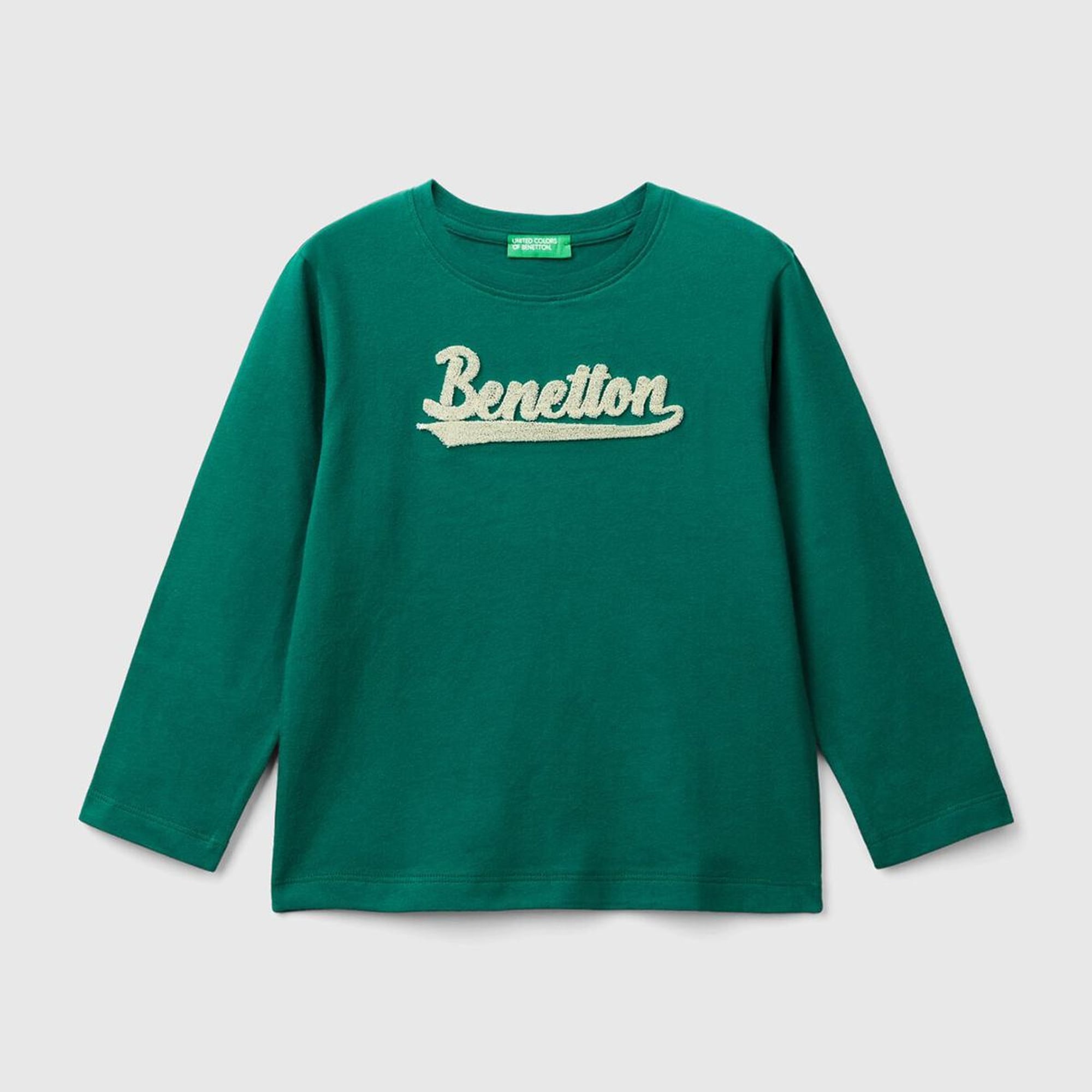 Erkek Çocuk Çam Yeşili Önü Logo İşlemeli Normal Kesim Uzun Kollu T-Shirt