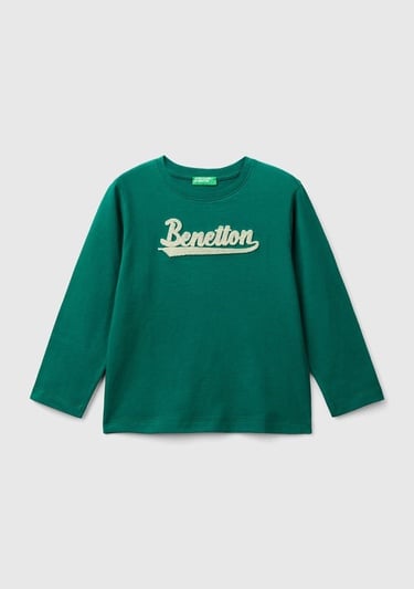  Erkek Çocuk Çam Yeşili Önü Logo İşlemeli Normal Kesim Uzun Kollu T-Shirt