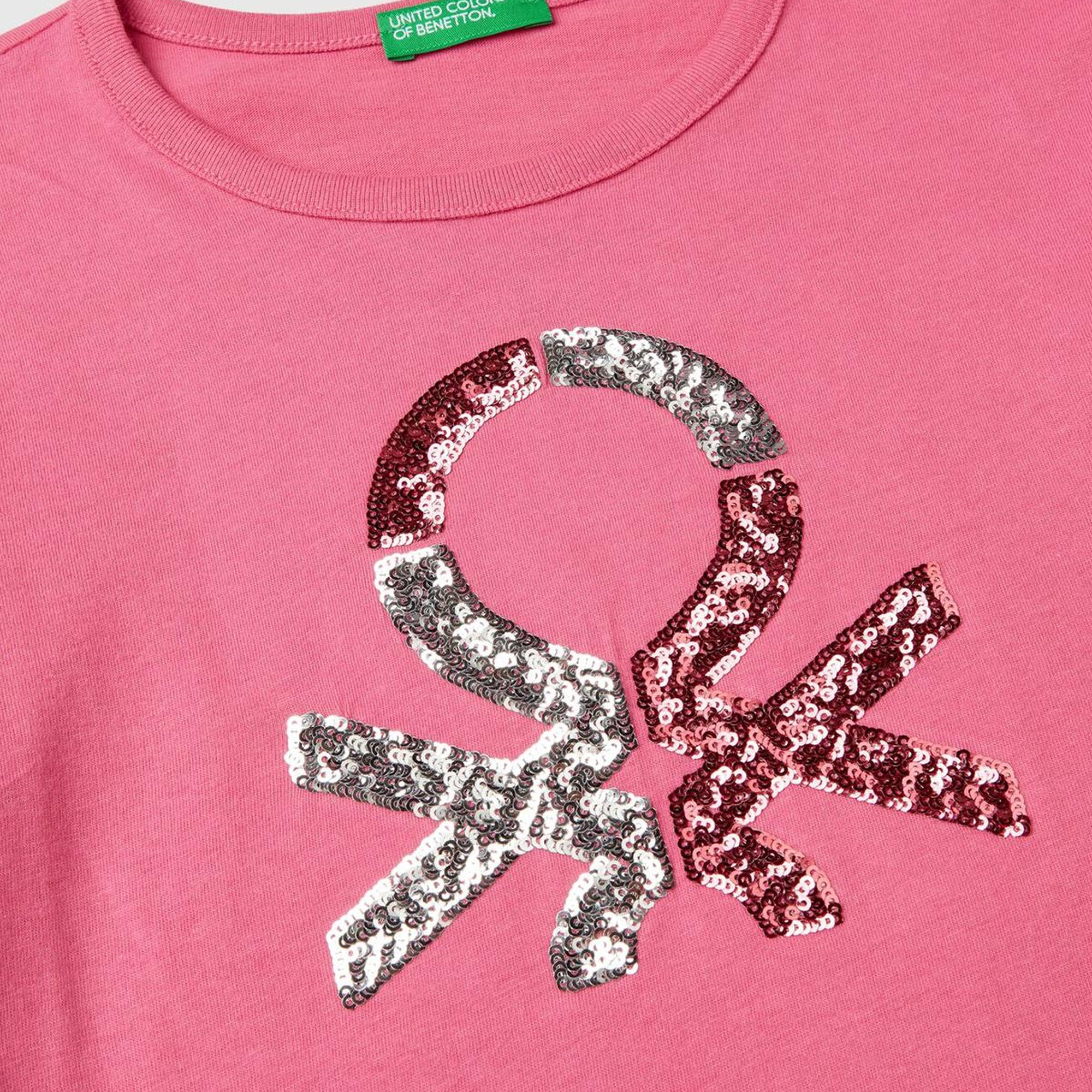 Kız Çocuk Pembe Önü Pullu Logo İşlemeli Bisiklet Yaka Uzun Kollu T-Shirt