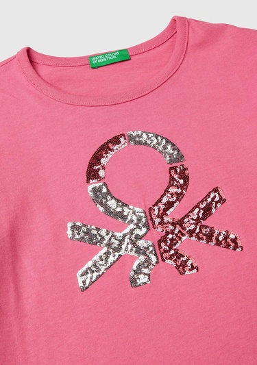  Kız Çocuk Pembe Önü Pullu Logo İşlemeli Bisiklet Yaka Uzun Kollu T-Shirt