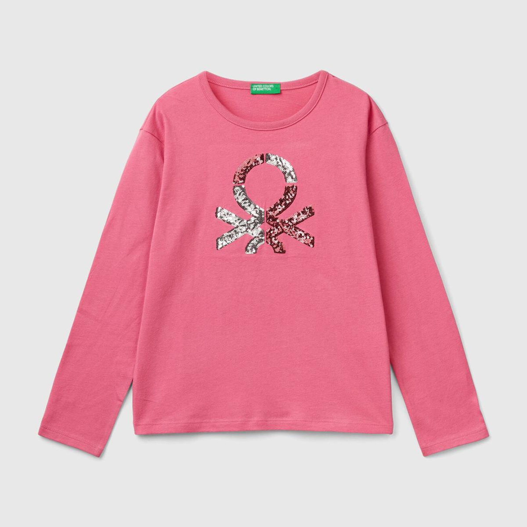 Kız Çocuk Pembe Önü Pullu Logo İşlemeli Bisiklet Yaka Uzun Kollu T-Shirt