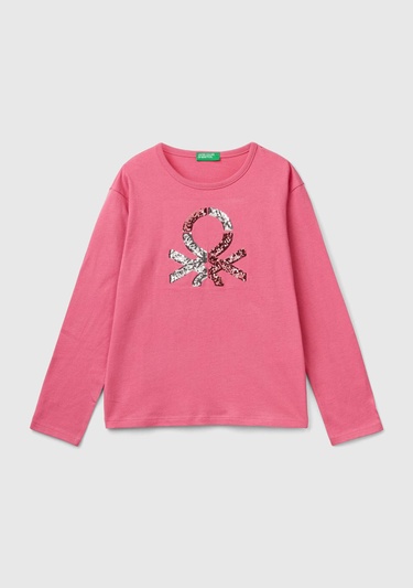  Kız Çocuk Pembe Önü Pullu Logo İşlemeli Bisiklet Yaka Uzun Kollu T-Shirt