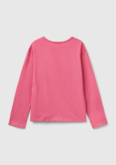  Kız Çocuk Pembe Önü Pullu Logo İşlemeli Bisiklet Yaka Uzun Kollu T-Shirt